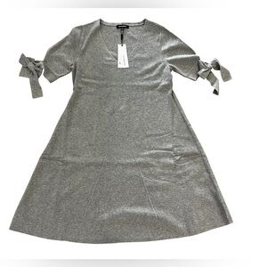 525 America Womens Gray Ribbed Tie Sleeves Fit Flare Dress Large Petite NWT